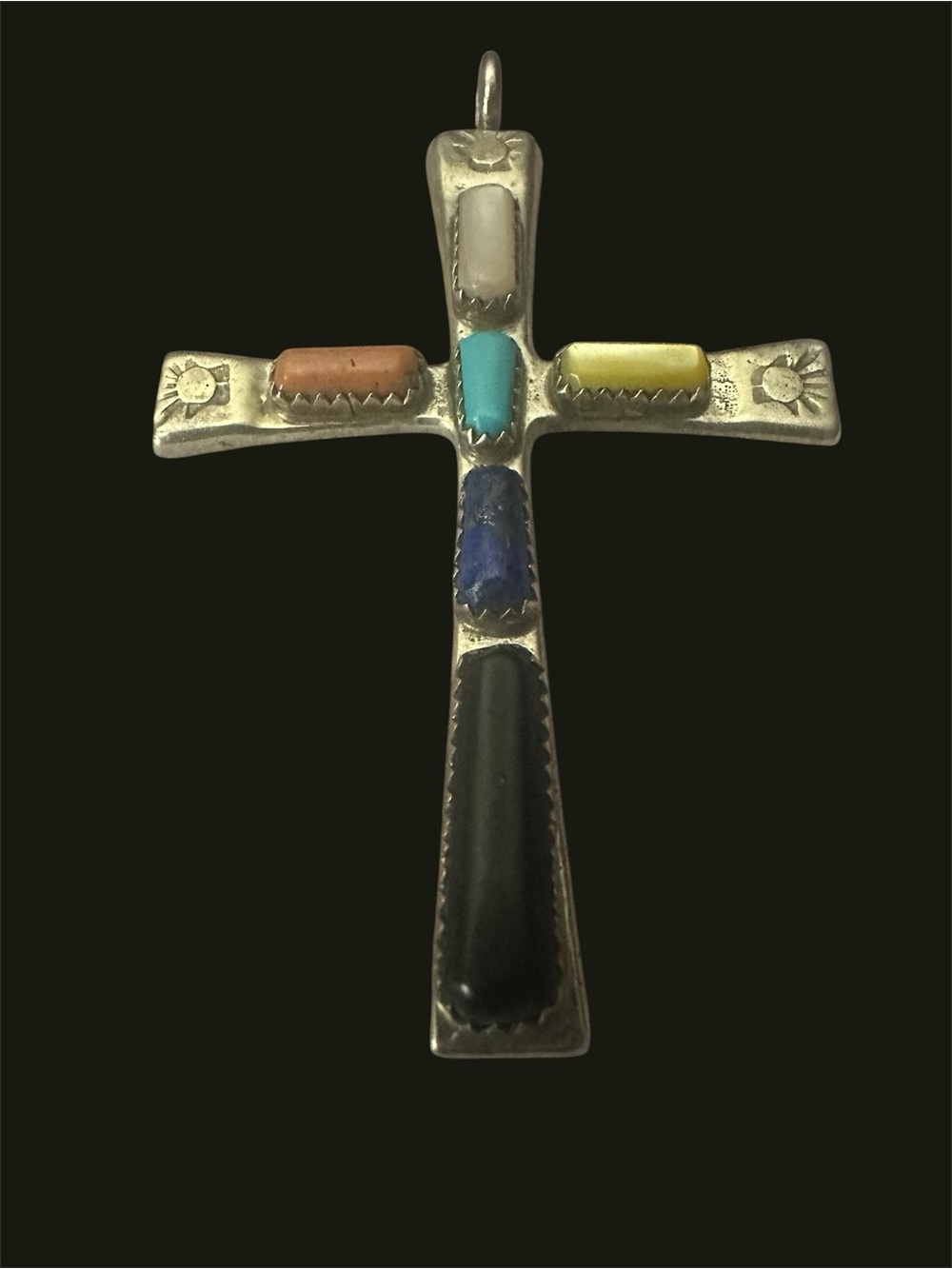 Rare Vintage W. IULE Zuni Sterling Silver Channel Inlay Cross Pendant. 2.75”